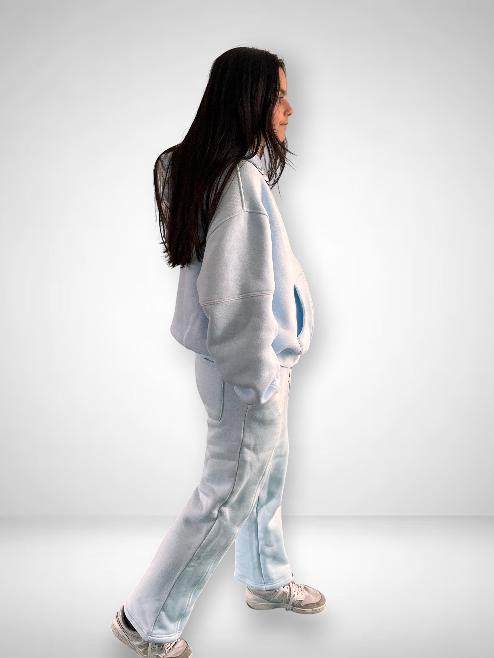SLAYZ light blue oversized cotton blend jogging suit with contrast stitching and embroidered logo.