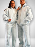 SLAYZ light blue cotton blend oversized zip-up hoodie and matching joggers with contrast stitching and embroidered logo.