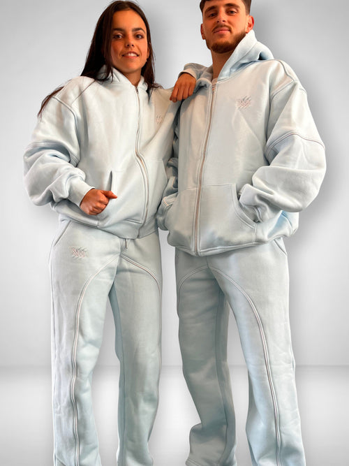 SLAYZ light blue cotton blend oversized zip-up hoodie and matching joggers with contrast stitching and embroidered logo.